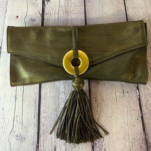 Alexis Hudson Bronze Leather Tassel Boho Minimalist Mirror Clutch Bag